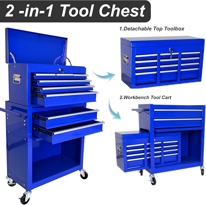 RYH 8 Drawers Rolling Tool Chest & Tool Box on Wheels | Heavy Duty Metal Cart with Ball Bearing Drawers | Fits US General Tool Box for Garage Storage (Blue, 8 Drawers /43.1" H × 24.2" W)