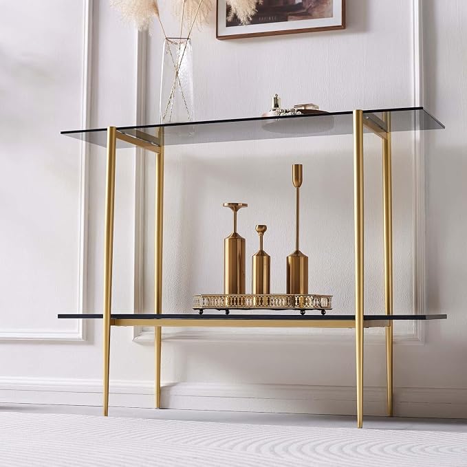 LumFurn Glass Console Table for Living Room, Foyer & Entrance, 2-Tiers Mid-Century Modern Sofa Table with Grey Glass Top, Black Marble Finish Wood Shelf and Gold Finish Frame