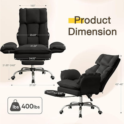 Cloud Cross Legged Office Chair with Footrest,Leather Big and Tall Executive Ergonomic Chair, Flip Armrests for Pets,155° Reclining Computer Wide Desk Chair for Home,Office (Black)