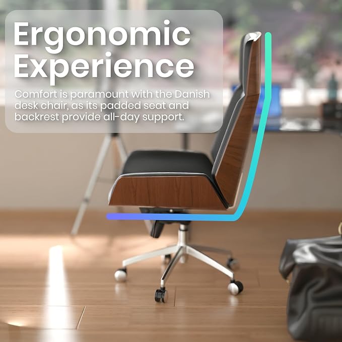 FOH Luxury Wooden Swivel and Adjustable Executive Chair, Wide Pu Leather Office Chair, Modern and Vintage Design High Back Computer Desk Chair for Conference Rooms and Home Offices (Black)