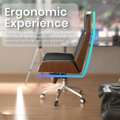 FOH Luxury Wooden Swivel and Adjustable Executive Chair, Wide Pu Leather Office Chair, Modern and Vintage Design High Back Computer Desk Chair for Conference Rooms and Home Offices (Black)