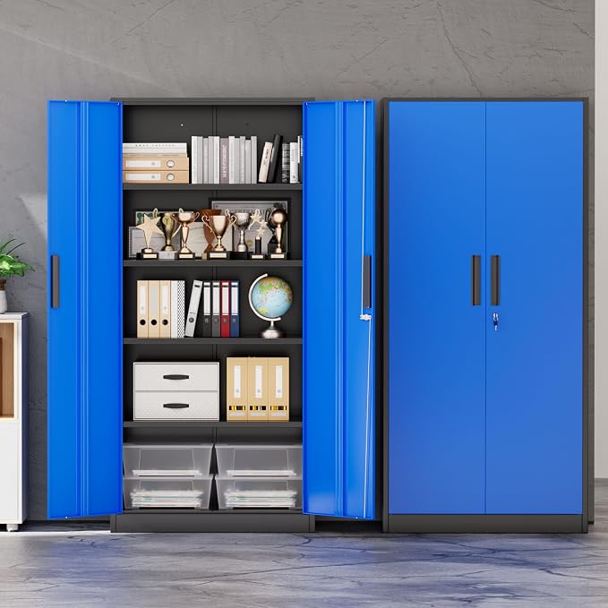 INTERGREAT Storage Cabinet with Doors and Shelves, Metal Garage Storage Cabinets with Lock, Black Lockable Steel Supply Cabinet for Home Office, Warehouse (Black Blue)