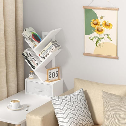 SHEEPAM Small Bookshelf with Drawer,4 Tier Tree Book Shelf,Wood Desk Bookshelves,Modern Free Standing Desktop Display Shelves,White Floor Standing Organizer Bookcase for Living Room,Bedroom,Office
