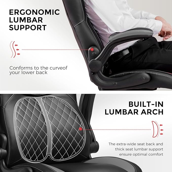 COMHOMA Office Computer Gaming Chair Ergonomic Desk Chair for Adults with Lumbar Support Flip-Up Arms Adjustable Height Swivel Wheels PU Leather Executive Design for Short People Use, Gray