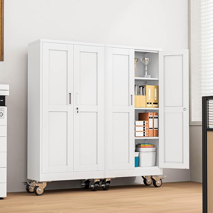 pozdeg 61" Metal Garage Storage Cabinets with Wheels, Lockable Rolling File Cabinets with 2 Doors and 3 Adjustable Shelves, Steel Tool Organizer Locker for Office Home Garage Gym School, White