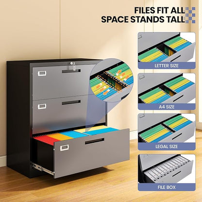 Metal 3 Drawer Lateral File Cabinet with Lock, Wide&Deep Filing Cabinet for Letter/Legal/F4/A4 Hanging Files, Includes Business Card Holder, Home Office School Storage