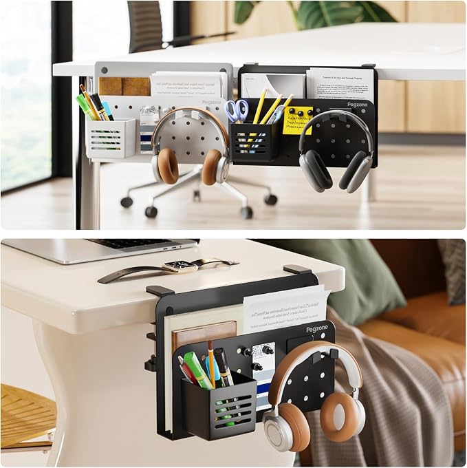 PEGZONE Desk Side Storage Organizer, No Drill Under Desk Laptop Holder, Clamp on Desks Shelf with Pegboard Accessories, Hanging Laptop Mount, Fits Flat Edge 0.4" to 2.2", Black
