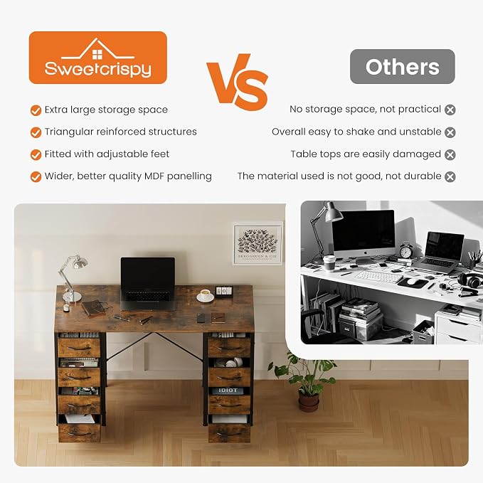 Sweetcrispy Computer Desk with 8 Fabric Drawers for Home Office Bedroom, 47 Inch Gaming Writing Study Table with X-Shaped Reinforced Structure PC Desk, Brown