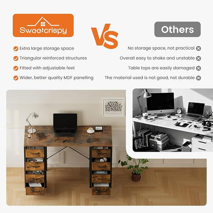 Sweetcrispy Computer Desk with 8 Fabric Drawers for Home Office Bedroom, 47 Inch Gaming Writing Study Table with X-Shaped Reinforced Structure PC Desk, Brown