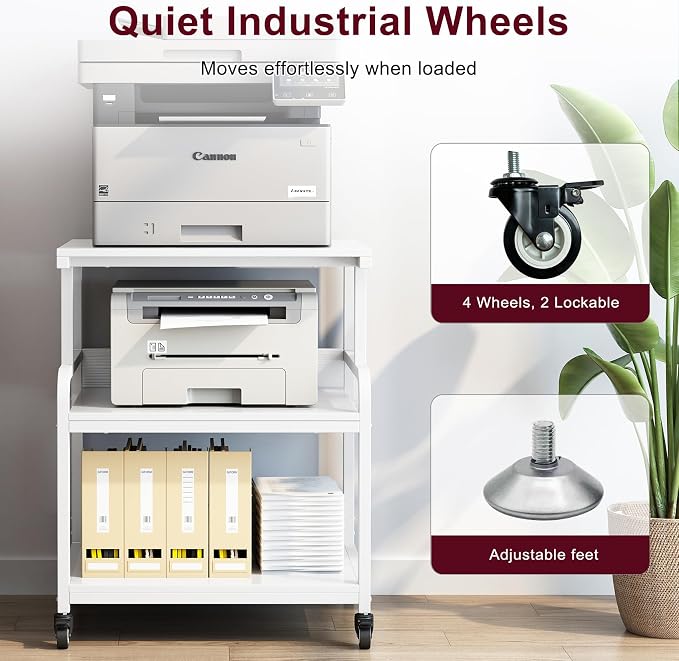 White Printer Table Stand with Storage, 23.6''x18.9'' Large Printer Table for Home Office, 3 Tier Rolling Printer Cart with Wheels, Stand for 3D Laser Inkjet Printer, Fax