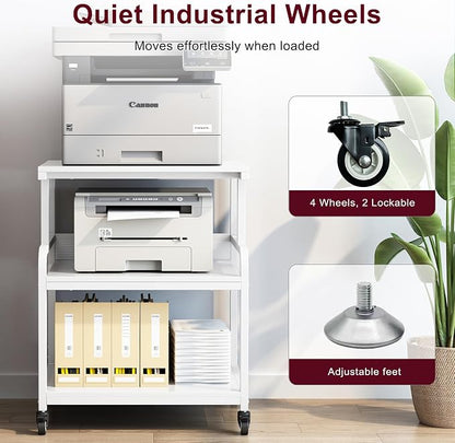 White Printer Table Stand with Storage, 23.6''x18.9'' Large Printer Table for Home Office, 3 Tier Rolling Printer Cart with Wheels, Stand for 3D Laser Inkjet Printer, Fax
