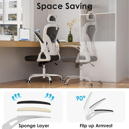 Farini Ergonomic Office Chair, Home Office Desk Chair with Headrest, High Back Swivel Computer Chair with Armrests and Adjustable Lumbar Support for Home Office Study Room, White & Black