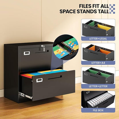 Metal Lateral 2 Drawer File Cabinet with Lock, Wide Filing Cabinet for Letter/Legal/F4/A4 Hanging Files, Storage Cabinet for Home Office School, Black