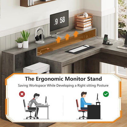 YOMILUVE 63" Farmhouse L Shaped Executive Desk with Drawers & Storage Shelf, Corner Computer Desk with Power Outlets, L Shaped Office Desk with Monitor Stand, Printer Shelf, Gray