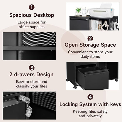 2 Drawer File Cabinet for Home Office, Rolling File Cabinets with Lock, Under Desk Metal Filing Caninet with Wheels for A4 / F4 / Letter/File Box, Black-Assembly Required