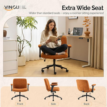VINGLI Criss Cross Chair with Adjustable Flip-Up Arms,Cross Legged Chair with Wheels,Extra Wide Office Chair,Desk Chair for Home Office,Vanity,Bedroom, Apartment,Starry Chenille,Burnt Orange