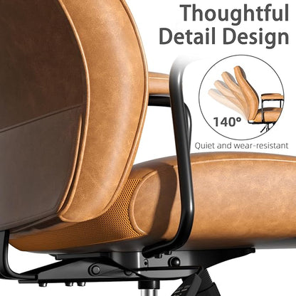 Brown Leather Office Chair, Mid Century Home Office Desk Chair | Ergonomic Curve Design, Removable Padded Arms, Height Adjustable Swivel Seat & Smooth Wheels, Vintage Mid-Back Computer Chair