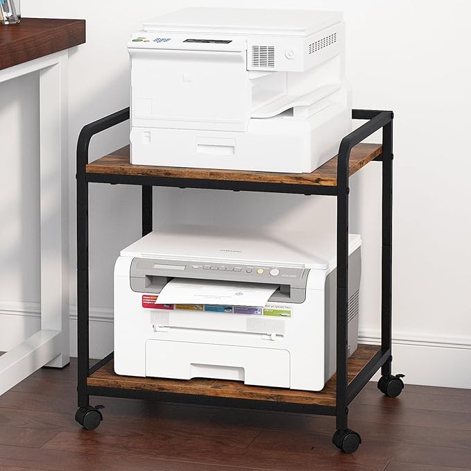 21"x15.8" Large Printer Stand with Storage, 2-Tier Under Desk Printer Table, Rolling Printer Cart with Lockable Wheels for Home, Office (Brown)