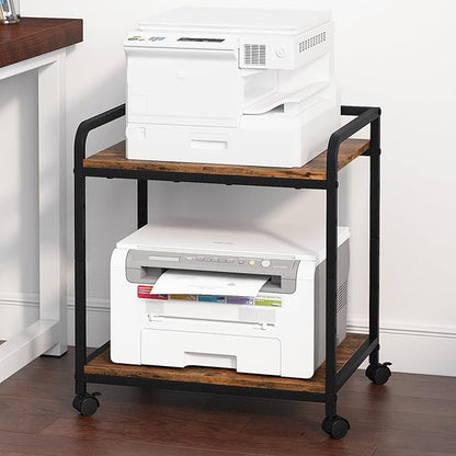 21"x15.8" Large Printer Stand with Storage, 2-Tier Under Desk Printer Table, Rolling Printer Cart with Lockable Wheels for Home, Office (Brown)