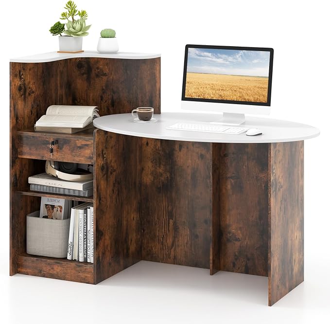 Tangkula Reception Desk, Front Counter Desk with Lockable Drawers, L Shaped Retail Counter with Oval Desktop, Checkout Computer Workstation for Salon Lobby Home Office
