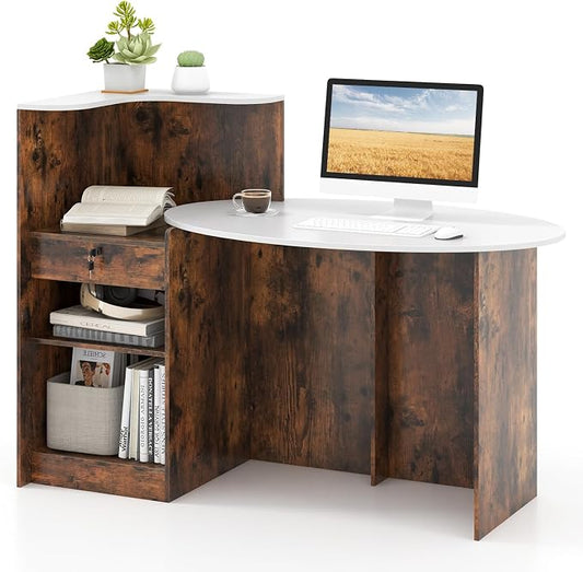 Tangkula Reception Desk, Front Counter Desk with Lockable Drawers, L Shaped Retail Counter with Oval Desktop, Checkout Computer Workstation for Salon Lobby Home Office