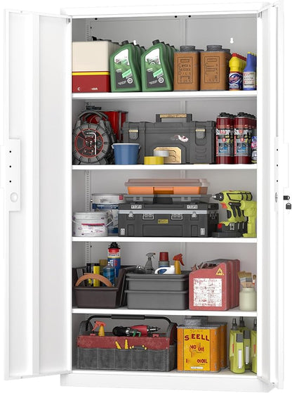 GREATMEET Metal Garage Storage Cabinets, 71" Tall Locking Metal Cabinets with Doors and Shelves, Utility Cabinet with Lock for Garage, Home, White