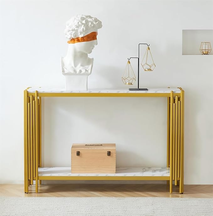 White Marble Coffee Table Set of 2, Faux Marble Coffee Tables and Gold White Console Table with Chrome Metal I-Base, Luxury Marble 2 Piece Living Room Table Set for Bedroom Home Office