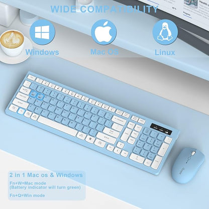 Wireless Keyboard and Mouse Combo, Full-Sized Wireless Keyboard and Adjustable DPI Mouse, 2.4GHz USB Receiver, Keyboard and Mouse for PC, Windows, Desktop, Laptop (Sky Blue-A)