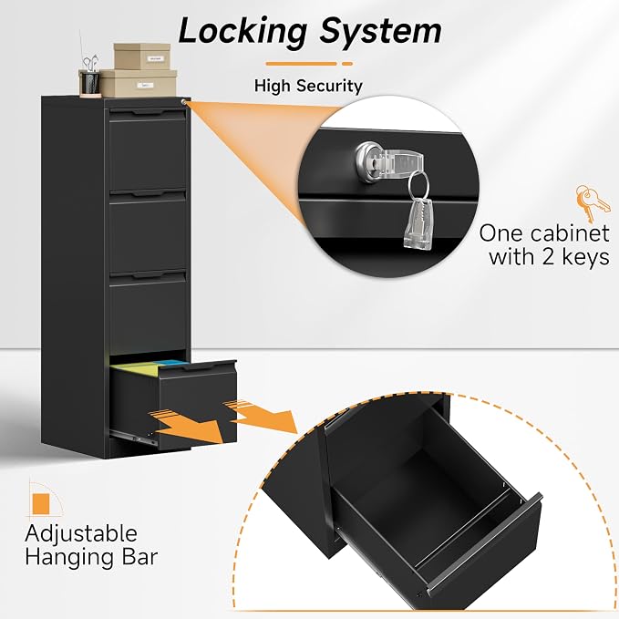 Bestoo 4 Drawer File Cabinet with Lock Metal Vertical Filing Cabinet Narrow File Cabinet Locked for Home Office A4 Legal/Letter Size Assembly Required (Black, 4 Drawers-Vertical)
