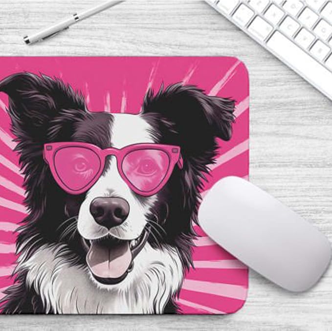 Pink Mousepad Glamour Dog Border Collie Mouse Pad for Home Office Gaming Working Desk Computer Desktop Accessories Non-Slip Rubber Mousepad for Dog Lovers