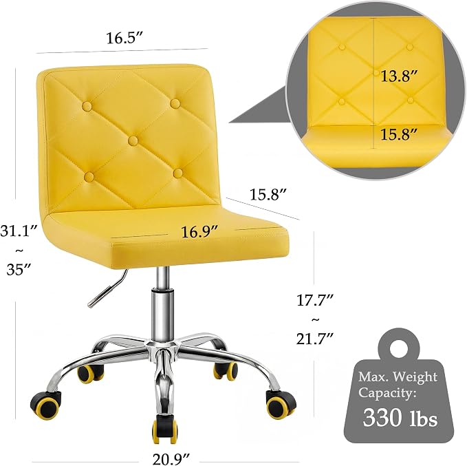 VECELO PU Leather Mid-Back Armless Vanity Chair Adjustable Height 360° Rolling Swivel for Home Office Work