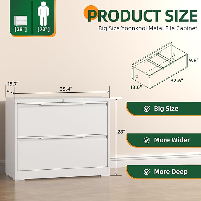 Lateral File Cabinet 2 Drawer, Metal File Cabinet with Lock | Filing Cabinets for Home Office, Black Locking Deep Drawer for Hanging Files Letter/Legal/A4/F4 Size, Assembly Required