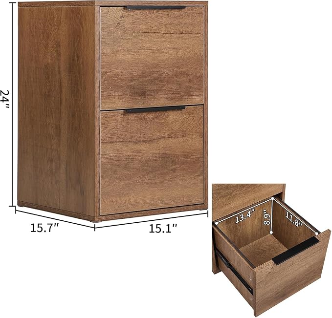 2 Drawer File Cabinet, Wood Vertical Filing Cabinet Fits Hanging Files/Letter Size, Small Under Desk File Cabinets for Home Office, Brown