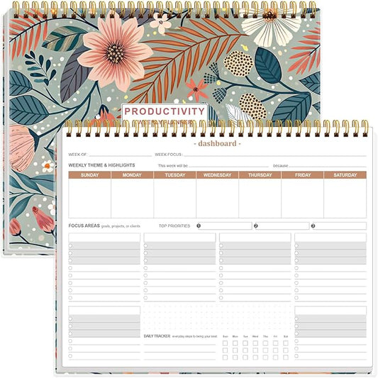 Weekly Productivity Planner - 8.5" x 11" Dashboard Desk Notepad Has 6 Focus Areas to List Tasks for Goals, Projects, Clients, Academic or Meal-Organize Your Daily Work Efficiently, 54 Weeks, Flower-A