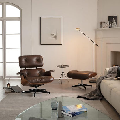 Mid Century Chaise Lounge Chair with Ottoman, Luxury Oil-Waxed Leather Reading Chair, Modern Chair Classic Design, Heavy Duty Base Support for Living Room Study Lounge Office Walnut Dark Brown