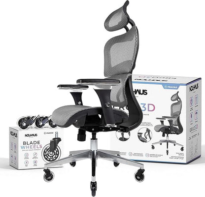 Nouhaus Ergo3D Ergonomic Office Chair Grey | Dynamic Lumbar Support, Mesh High Back, 4D Armrests, Adjustable Headrest, Aluminum Base, BIFMA, SGS, 2 Sets of Wheels