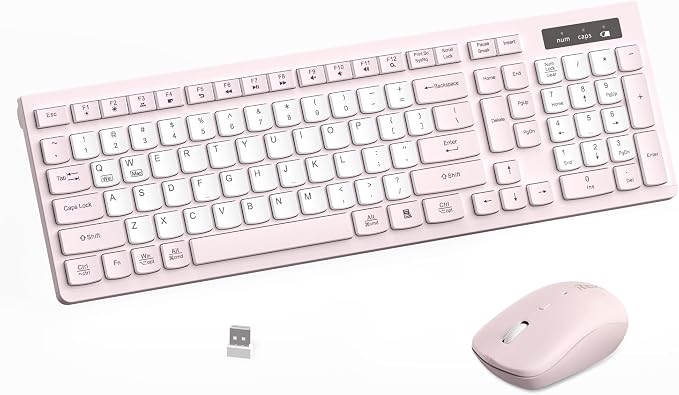 Wireless Keyboard and Mouse Combo, Full-Sized Quiet Wireless Keyboard and Adjustable DPI Mouse, 2.4GHz USB Receiver, Keyboard and Mouse for PC, Windows, Desktop, Laptop (Pink and White-B)
