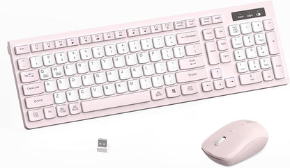 Wireless Keyboard and Mouse Combo, Full-Sized Quiet Wireless Keyboard and Adjustable DPI Mouse, 2.4GHz USB Receiver, Keyboard and Mouse for PC, Windows, Desktop, Laptop (Pink and White-B)