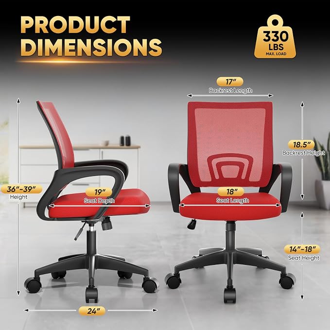 Magshion Ergonomic Office Chair Pack of 2, Mid-Back Mesh Desk Chair, Adjustable Swivel Computer Chair with Lumbar Support & Breathable Backrest for Gaming, Work, Study, 300 Lbs Capacity, Red