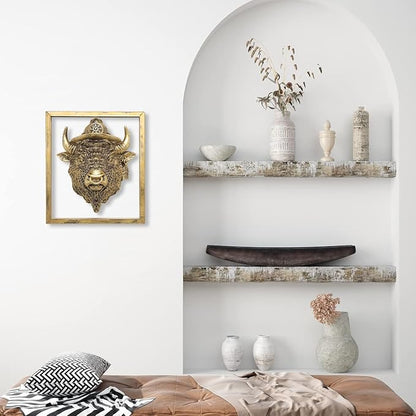 Newinhome Animal Heads Wall Decor (Includes Metal Frame) Resin Animals Sculptures Head Wall Hanging Decoration Gold vintage Wall Sculpture for Living Room Bedroom Office (American Bison)