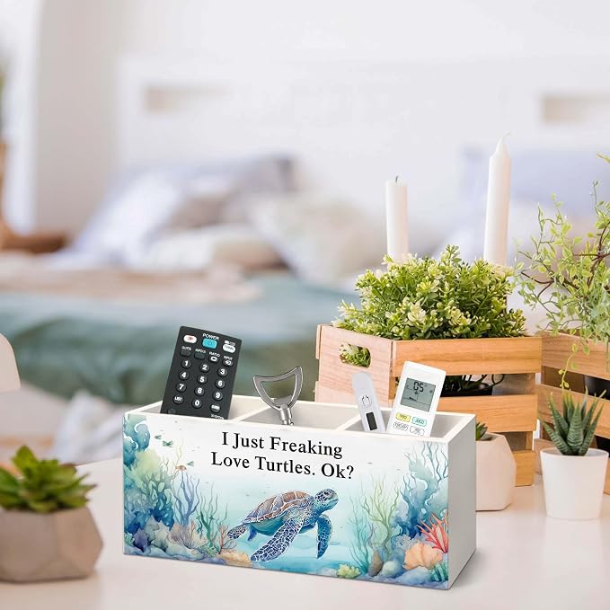 Turtle Pen Holder for Desk, Coastal Nautical Sea Animal Pencil Organizer, Turtle Gifts for Women, I Just Freaking Love Turtles Wooden Pen Holder Desk Accessories Decor for Home Office