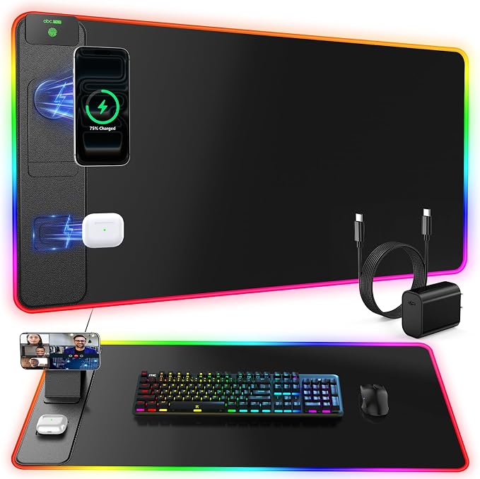 Wireless Charging Mouse Pad with Magnetic Phone Stand, 31.5"x15.8" Large | Gaming Mousepad RGB Desk Mat, Smooth Glide, Stitched Edge, Non-Slip Rubber Base, Waterproof Keyboard Mat, with Adatper