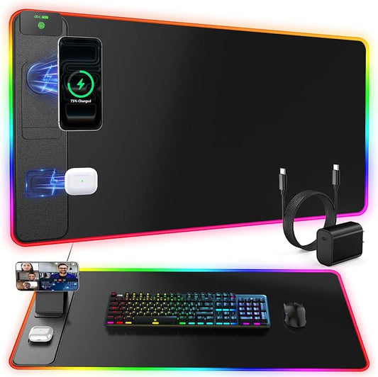 Wireless Charging Mouse Pad with Magnetic Phone Stand, 31.5"x15.8" Large | Gaming Mousepad RGB Desk Mat, Smooth Glide, Stitched Edge, Non-Slip Rubber Base, Waterproof Keyboard Mat, with Adatper