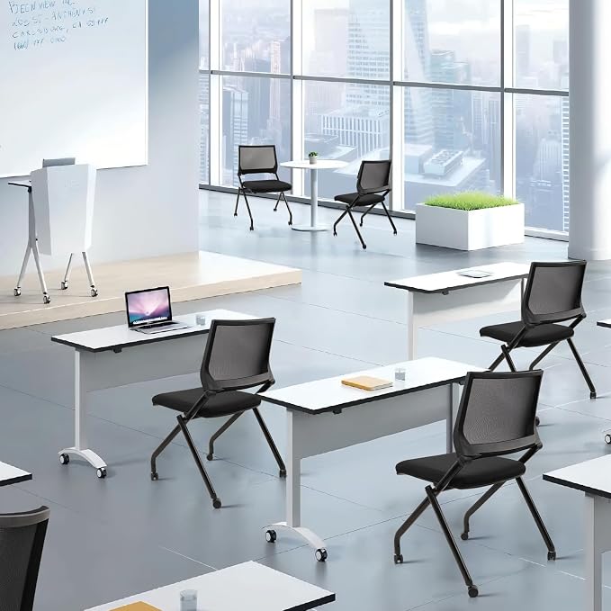 CLATINA Stackable & Foldable Conference Room Chairs, Waiting Room Chairs with Wheels & Lumbar Support, Ergonomic Mesh Bouncing Back Folding Chair for Office Meeting Schools Training Room, Black(8pk)