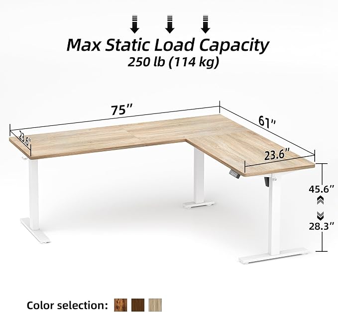 TIQLAB 75 x 61 inch Executive L Shaped Standing Desk Adjustable Height, Electric Corner Standing Desk, Sit Stand Computer Table with Splice Board, Maple