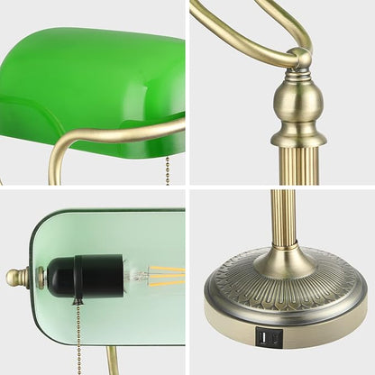 Green Glass Bankers Desk Lamp with USB Fast Charging Port | Pull Chain Switch Plug in Fixture