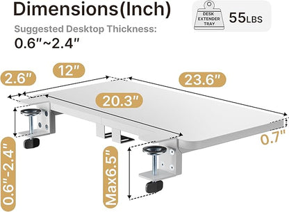 PEGZONE Desk Extender Tray, 24" x 12", with Laptop Holder, Medium, White | Desk Extension, Clamp on Desk Shelf, Clamp On Keyboard Tray for Office and Home, Workstation Organizer