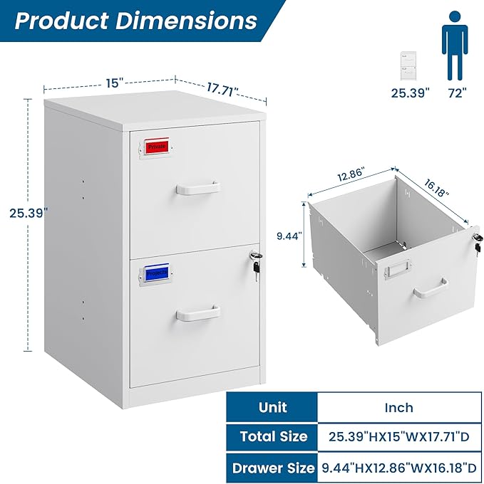 PEUKC 2 Drawer File Cabinet with Lock, 25.4" High Vertical Filing Cabinet, 17.7" Deep Metal Storage Cabinets for Home Office, Letter/Legal/A4/F4 Size, White(Assemble Required)