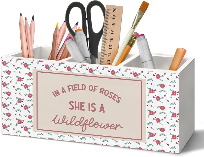 Boho Floral Inspirational Pen Holder Organizer for Desk Accessories, Motivational Gifts for Women, in a Field of Roses She Is a Wildflower Wooden Box Sign Desk Decorations for Girls Room Decor