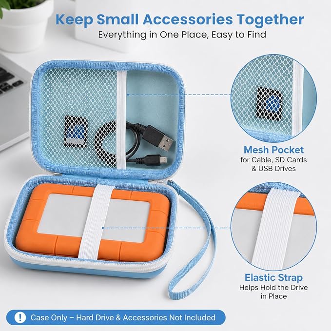 Case Compatible with LaCie Rugged Mini 1TB/ 2TB/ 4TB/ 5TB External Hard Drive Portable HDD, Storage Holder for Hard Drives for Mac and PC Computer & USB 3.0 2.0 Cable SD Cards (Blue)